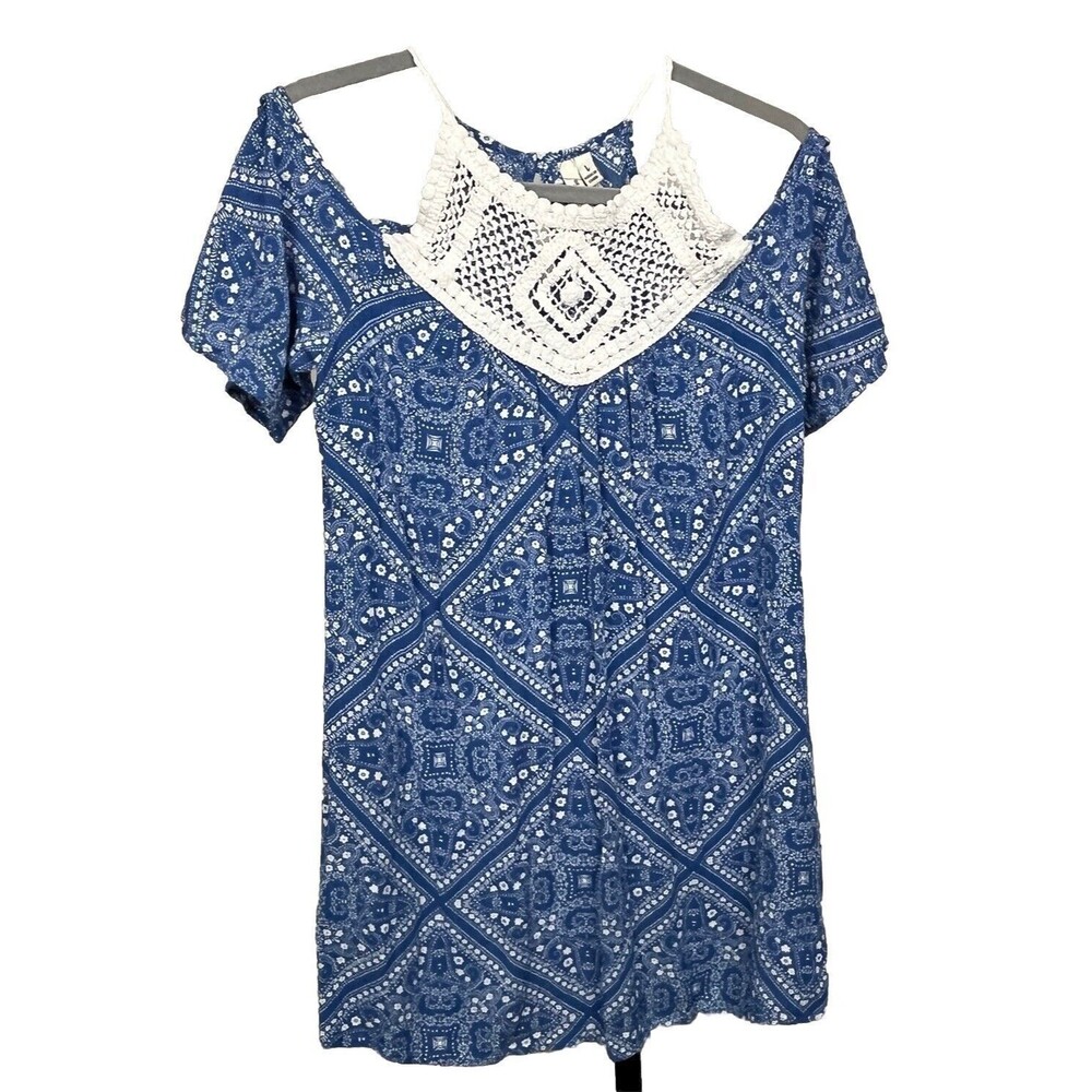 Speechless Top Crochet Tunic Cold Shoulder Blue White Large Boho Hippie Romantic